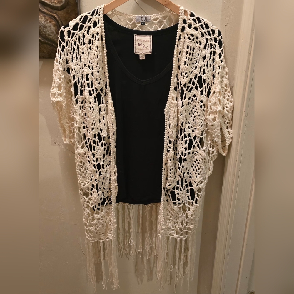 Tobi Cream Crochet Fringe Vest M